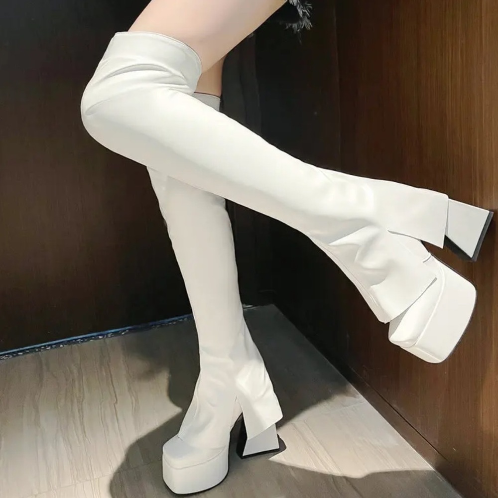 White Platform Over The Knee Boots